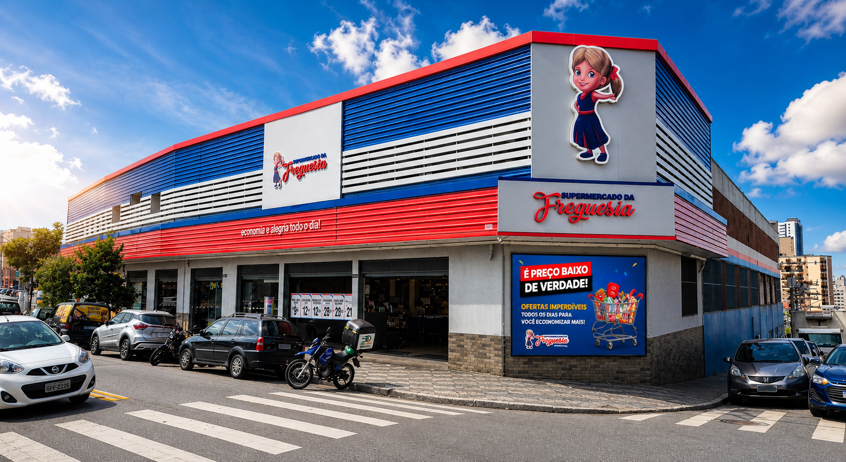 Fachada atual do Supermercado da Freguesia, esquina com listras azuis, brancas e vermelhas.